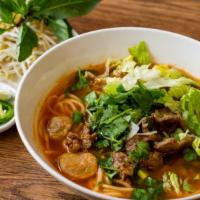Bún Bò Huế · Hot and spicy. Famour beef pho. Famous beef stewed, meatball and brisket in spicy lemongrass...