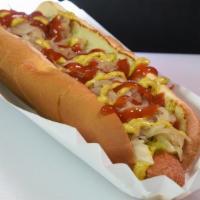 Hot Dog With Works · With mustard, relish, onions and sauerkraut.
