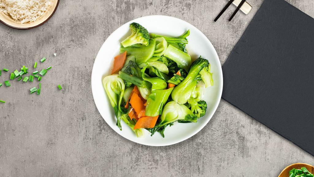 Steamed Mix Vegetables · Combination of steamed broccoli, mushroom, carrot, cabbage, zucchini, and green bean.