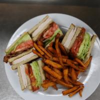 Club Sandwiches · Choice of roast turkey, grilled chicken, cheeseburger club or chicken or tuna salad. Served ...