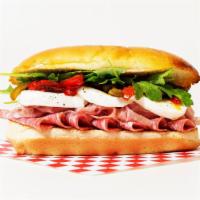 The Godfather Sub · Prosciutto, capicola, salami, mozzarella, arugula, and roasted red peppers on a hoagie roll.