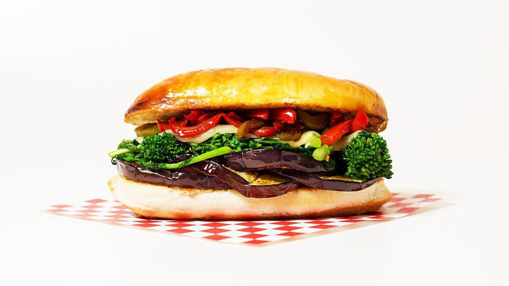 The Veggie Sub · Delicious eggplant, broccoli rabe, red peppers. and provolone cheese on a hoagie roll.