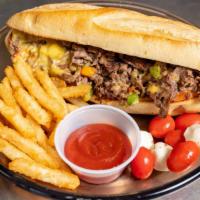 Philly Cheesesteak Sandwich · Thinly sliced steak, grilled peppers, grilled onions, melted american cheese and mushrooms.