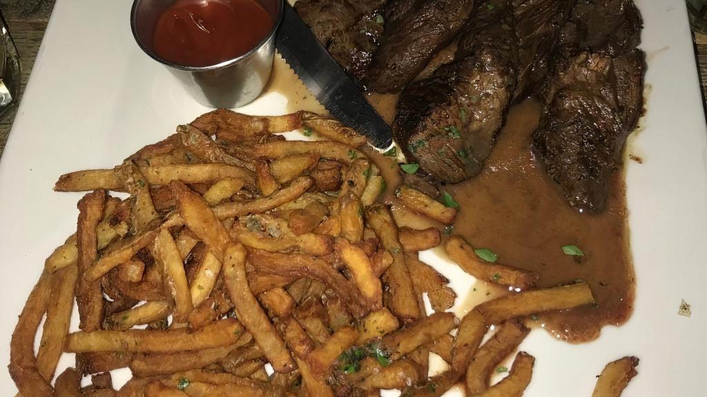 Hanger Steak · Served with herb fries.