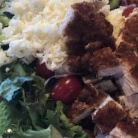 Crispo Salad · mixed garden salad, shredded mozzarella, creamy italian dressing, with choice of grilled or ...