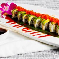 Dragon Roll · Eel, cucumber with tobiko and avocado on the top.