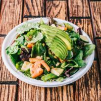 House Salad · Baby lettuce, avocado, onion, tomato, peppers, cucumber and balsamic vinaigrette, topped wit...