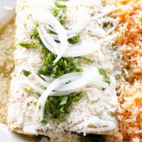 Enchiladas Verdes · Your choice rolled in corn tortilla with green Tomatillo sauce, red rice, beans, sour cream,...