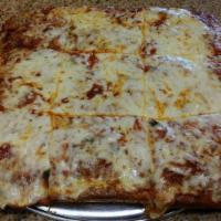 Sicilian Cheese Pizza · Thick crust square pizza with tomato sauce, mozzarella and basil. (17