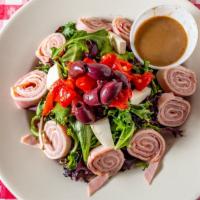Chopped Antipasto Salad · Iceberg lettuce, chopped diced imported Italian meats and cheeses, roasted red peppers, onio...