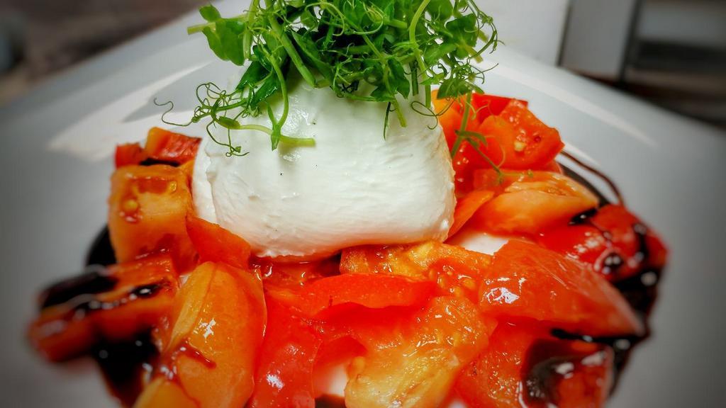 Burrata · Burrata with roasted peppers and tomato with balsamic glaze. Gluten free
