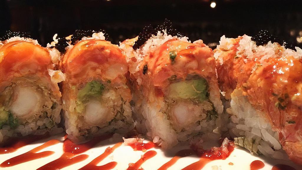 Ichiban Roll · Inside : Shrimp Tempura , Avocado
Outside: Spicy tuna , Crunchy, Masago
Sauce: Spicy mayo, Eel sauce
