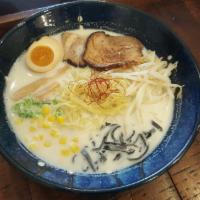 Tonkotsu Ramen · Creamy pork bone based soup with chashu, soft boiled egg, bamboo shoots, scallion, wood-ear ...