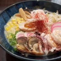 Seafood Ramen · Seafood soup with shrimp, squid, clam, fish cake, kani, scallop, soft boiled egg, bamboo sho...