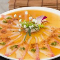Usutsukuri · Thinly sliced of white fish ,bonito flakes, scallions, shichimi powder served with ponzu sauce