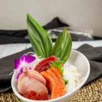 Triple Color Don · 3 pieces tuna, 3 pieces salmon, 3 pieces yellowtail and ikura on rice.