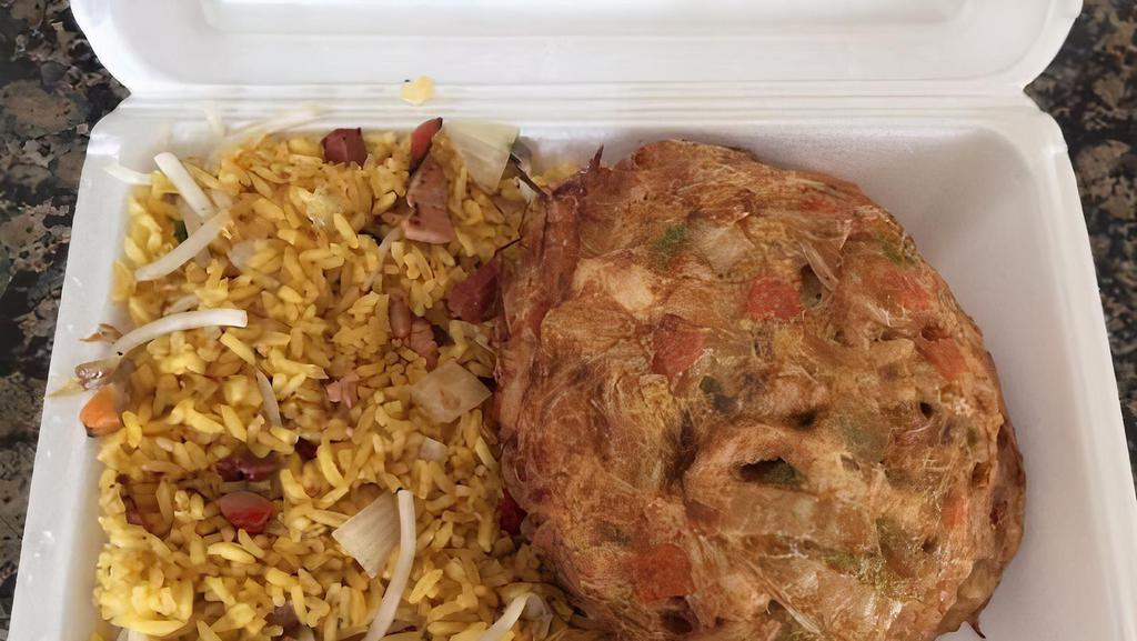 Shrimp Egg Foo Young · Shrimp egg foo young comes with one pint of white rice