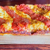 T.O. (Large) · Great Toppings Offered!! Our signature Detroit pizza crust, aged white cheddar and mozzarell...
