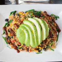 Spicy · Vegan. Spinach, black beans, corn, avocado, roasted peppers with spicy Mexican ancho chilly ...
