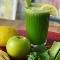 Green Juice · Celery, cucumber, fresh ginger, spinach, lemon, green apple. 16 oz