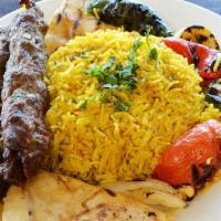 Kofta Kebab Platter · Minced Beef and Lamb Skewers Mixed with Herbs, and Our Special Spices.