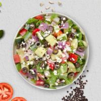 Hide And Greek Salad  · Romaine lettuce, cucumbers, tomatoes, red onions, olives, and feta cheese tossed with balsam...