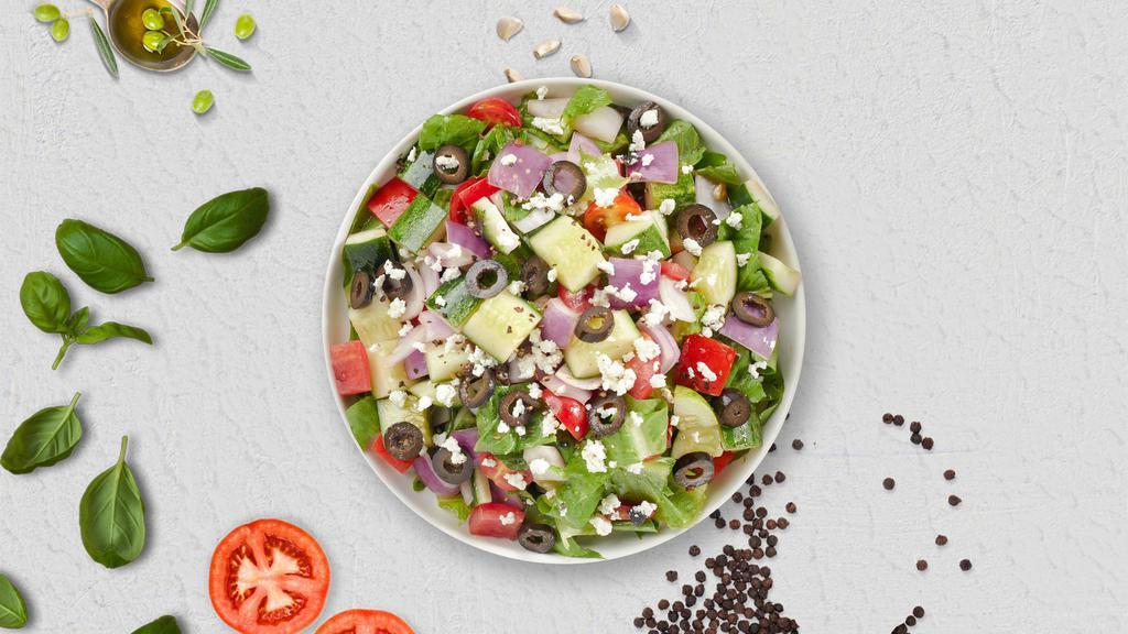 Hide And Greek Salad  · Romaine lettuce, cucumbers, tomatoes, red onions, olives, and feta cheese tossed with balsamic vinaigrette dressing.
