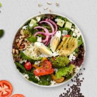 Superfood Salad · Avocado, crispy Romaine lettuce, cherry tomatoes, corn, golden apple, lentils, spinach serve...
