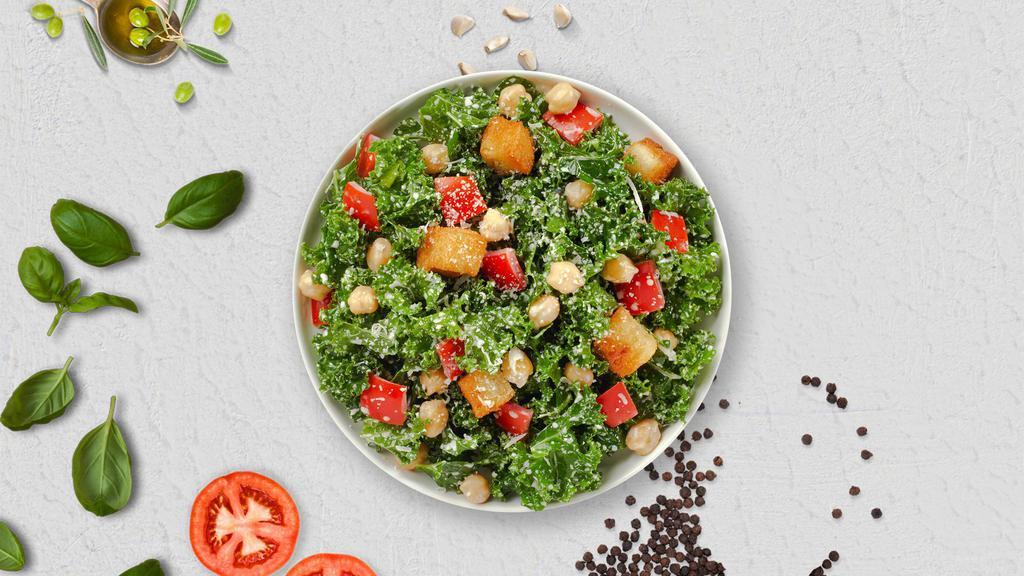 Kale Express Salad  · Kale, parmesan cheese, chickpeas, diced tomatoes, and croutons tossed with Caesar dressing.
