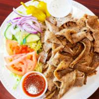 Beef/Lamb Gyro Platter · Served with choice of White Basmati Rice or Seasoned Fries.  Includes house salad and pita b...