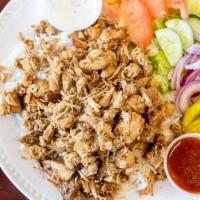 Chicken Gyro Platter · Served with choice of White Basmati Rice or Seasoned Fries.  Includes house salad and pita b...