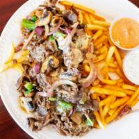 Steak And Cheese Platter · Served with choice of white basmati rice or seasoned  Fries. Includes grilled sauteed mushro...