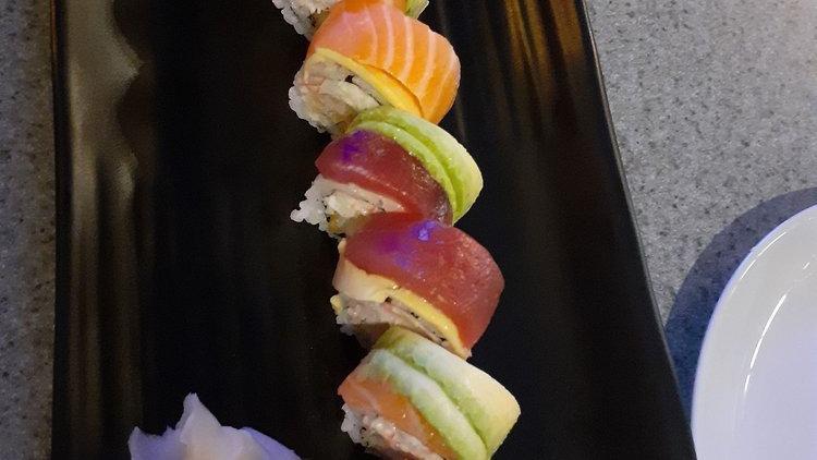 Hawaiian Roll · Shrimp tempura, crab, cucumber topped w/ salmon, tuna, & avocado.