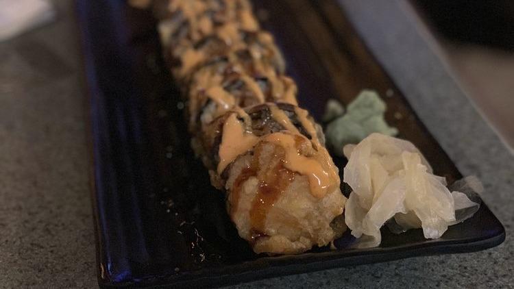 Sweet Nude Roll · Spicy tuna, shrimp tempura, crab, mango, unagi sauce & spicy mayo.