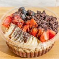 Chocolate Açai Bowl · Base: acai berry, almond milk, banana. Toppings: strawberry, blueberry, banana, granola, hon...