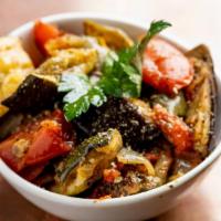 Briam Small · A Greek version of ratatouille. Includes baked eggplant, zucchini, green bell peppers, and f...