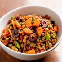 Lentil Salad Small · Roasted red bell peppers, shredded carrots, olives, red wine vinegar, and EVOO.