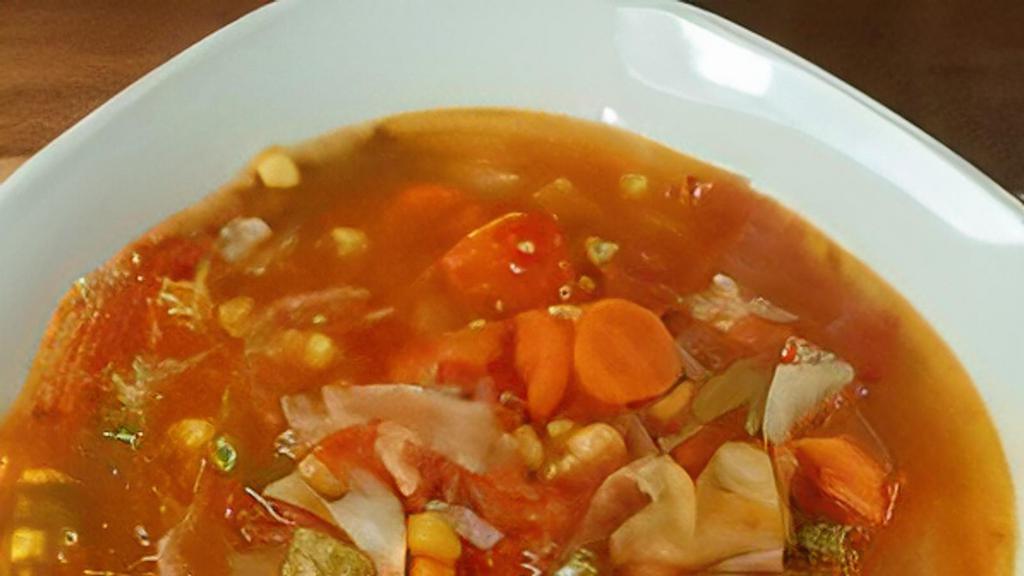 Vegetable Soup · A fresh garden vegetable soup prepared authentically in our Indian tradition.