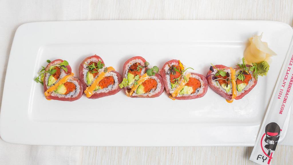 Lover Roll · Spicy crunchy tuna, salmon, avocado top with tuna in heart shape.

Consuming raw or undercooked meats, poultry, seafood, shellfish, or eggs may increase your risk of foodborne illness, especially if you have certain medical conditions.