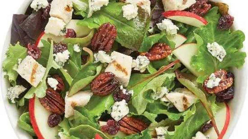 Sophies Salad · This Napa-inspired Signature is served with Grilled Chicken, Bleu Cheese, Dried Cranberries, Honey Roasted Pecans and Red Apples. Our chef recommends the Lite Raspberry Vinaigrette dressing.