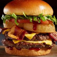 Bbq Bacon Tribeca Burger · Two, 4 oz fresh Angus beef patties, BBQ sauce, onion rings, bacon, lettuce, tomato, and Amer...