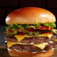 Manhattan Burger · Two, 4 oz fresh Angus beef patties, lettuce, tomato, onion, crunchy pickle chips, mayonnaise...