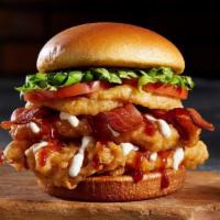 Bbq Bacon Tribeca · Two, 4 oz deep-fried chicken breast, BBQ sauce, onion rings, bacon, lettuce, and tomato.