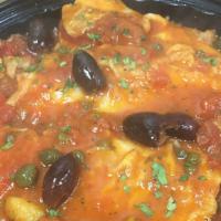 Fillet Of Sole Livornese · Livornese sauce, green and black olives, onions and capers in a light marinara sauce.