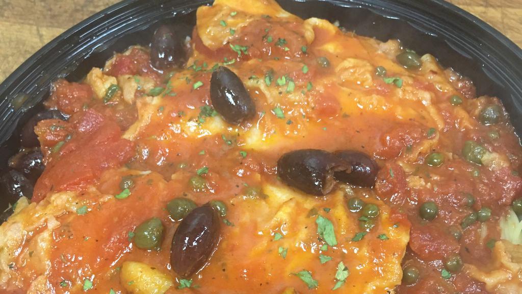 Fillet Of Sole Livornese · Livornese sauce, green and black olives, onions and capers in a light marinara sauce.