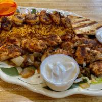 Mix Chicken & Shrimp Kebab · Served with fresh bread and rice.