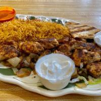 Chicken Kebab · Served with fresh bread and rice.