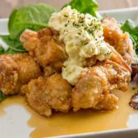 Fried Chicken Miyazaki Style · Marinated in garlic soy and deep fried, served with sweet vinegar and tartar sauce.