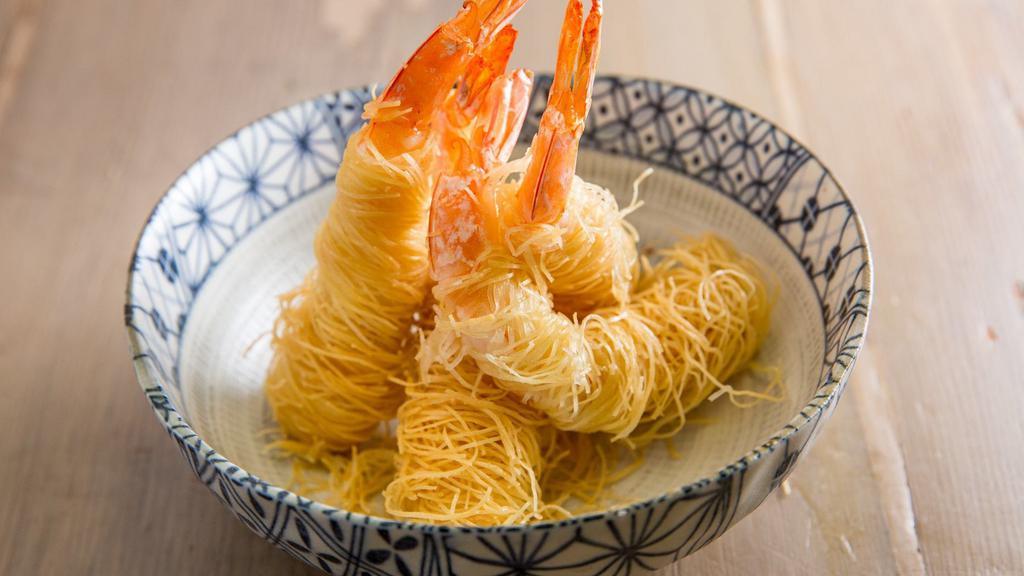 Shrimp Kataifi (4 Pieces) · Deep fried jumbo shrimp wrapped with kataifi.