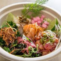 Poke · Marinated yellowtail, salmon, and tuna, daikon, and cucumber salad, mixed seaweed salad and ...